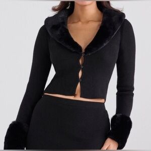 NEW House of CB Black Blanche Faux Fur Trim Cardigan🖤